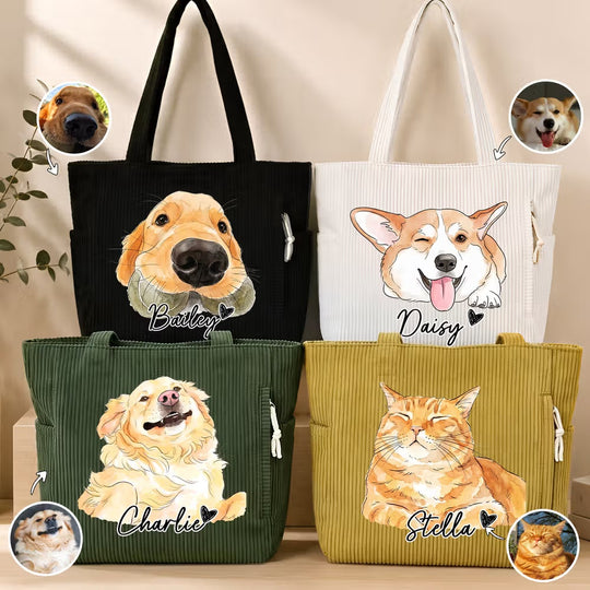 Personalized Cartoon Watercolor Pet Corduroy Tote Bag, Custom Name Gift for Pet Lovers