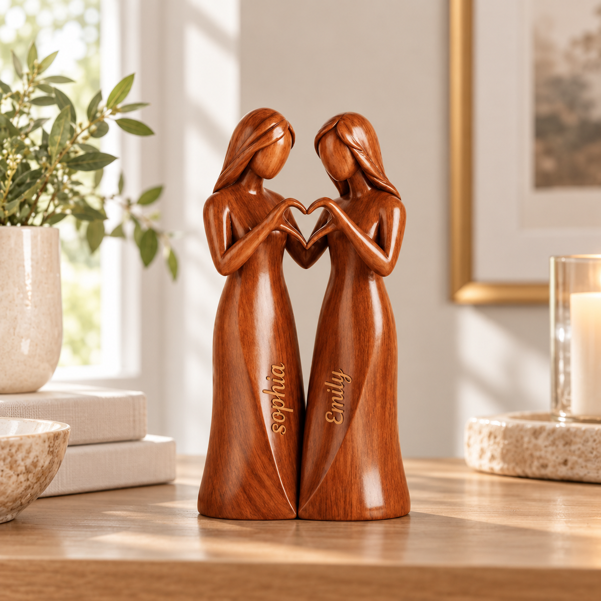 Personalized Sisters Figurine – Custom Name Wooden Resin Statue, Meaningful Sister Keepsake Gift for Best Friends & Family