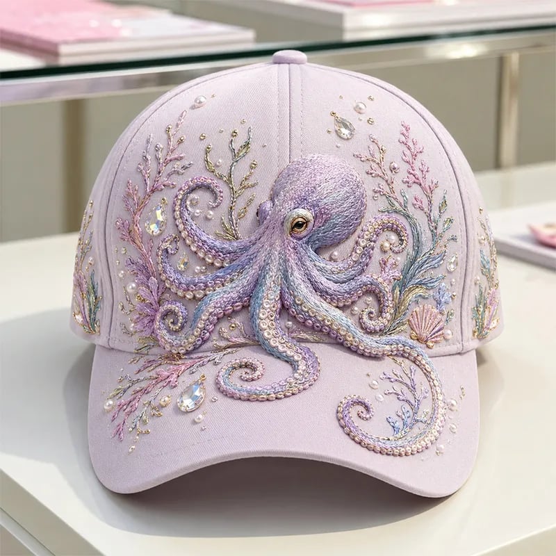 3D Ocean Creatures Printed Cap – Embellished Marine Life Baseball Hat with Raised Floral Details for Summer Beach Vacations, Birthday Gift for Women & Ocean Lovers