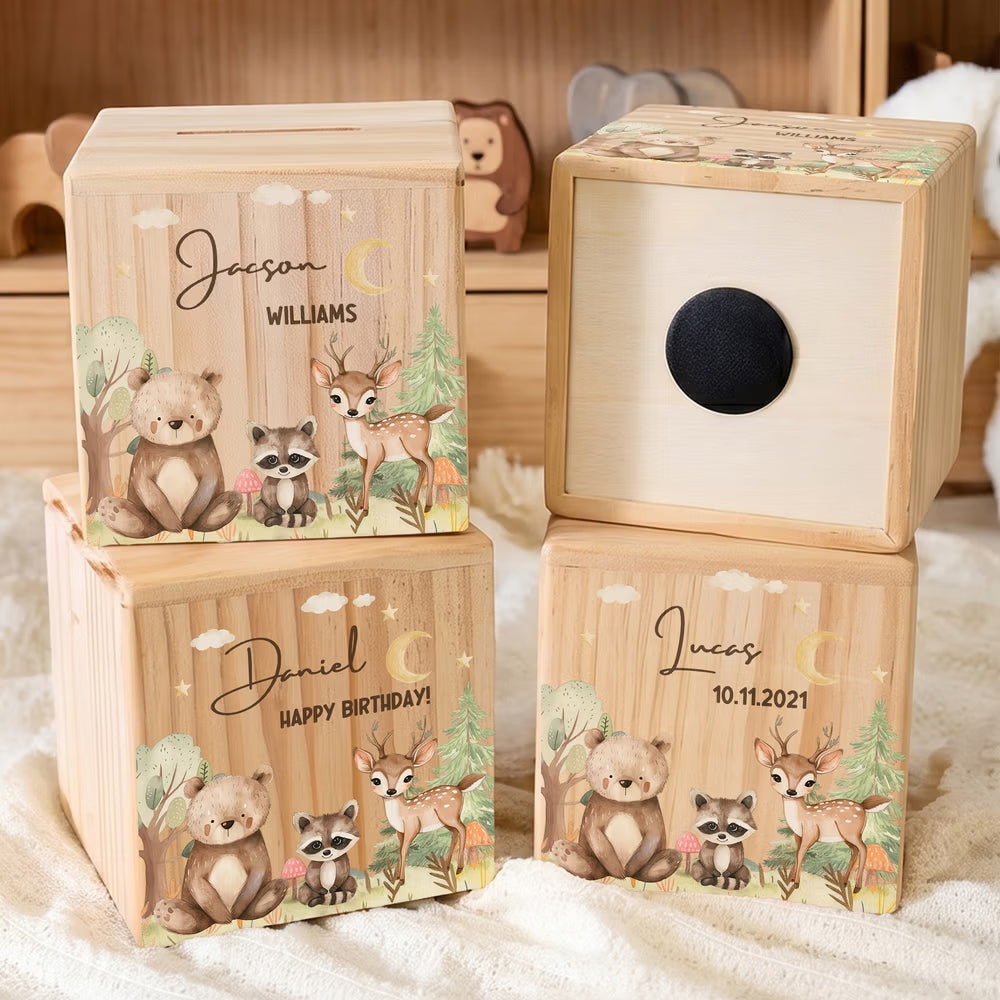 Personalized Cartoon Forest Animal Wooden Money Box Piggy Bank with Name Birthday Children's Day Gift for Boys Girls Kids