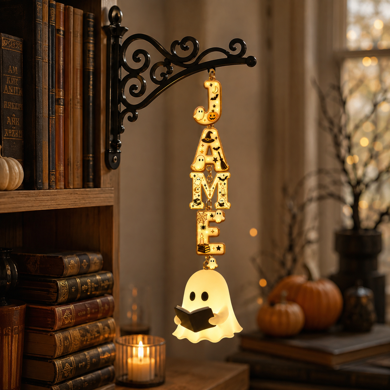 Personalized Name Ghost Reading Hanging Ornament, Custom Letter String Pendant, Cute Spooky Bookshelf Decor, Halloween Gift for Book Lovers