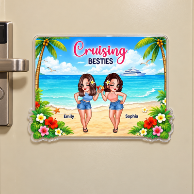 Pretty Cruise Besties On The Beach - Personalized Cruise Cabin Door Magnet - Girls Trip Cruise Trip Keepsake