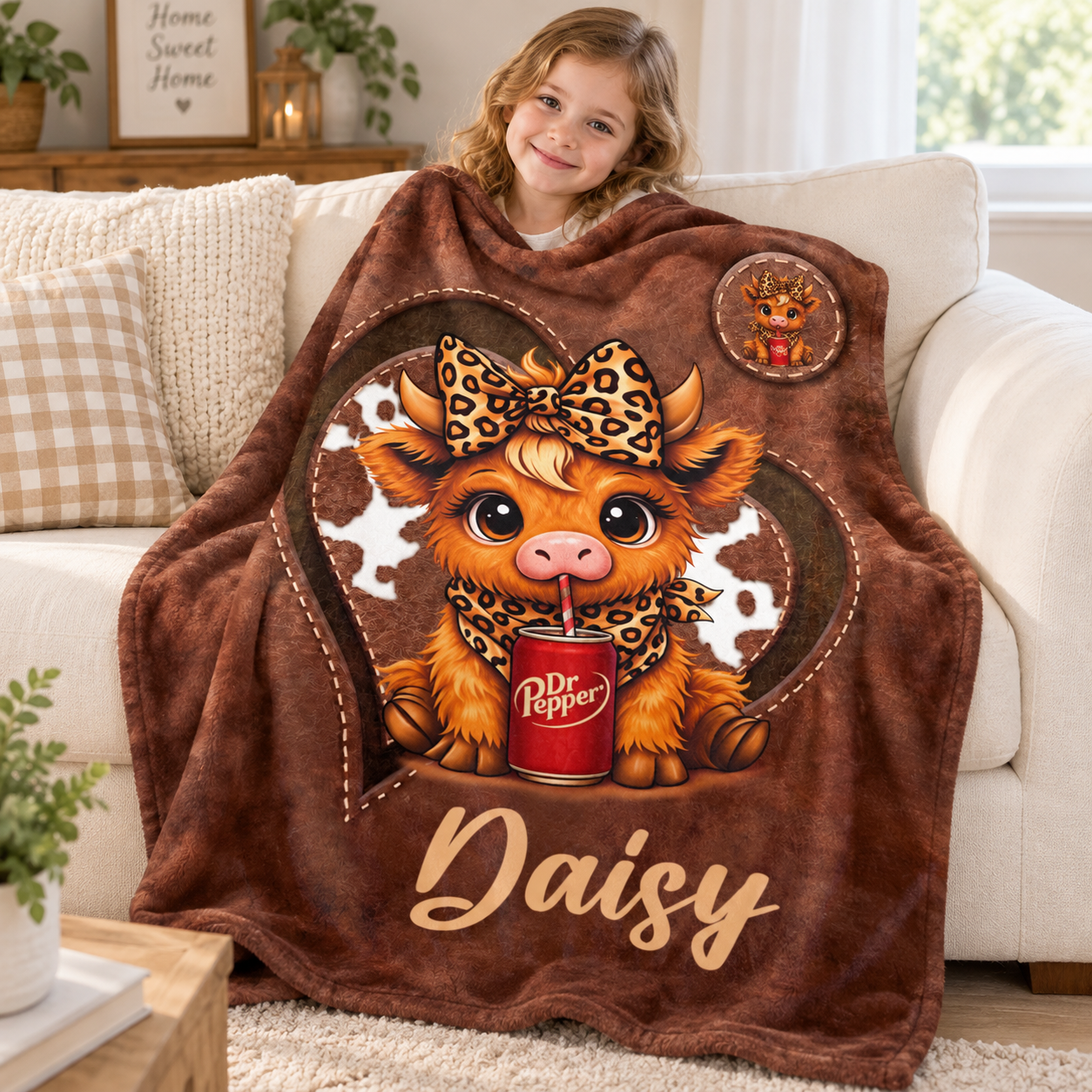 Personalized Highland Cow Throw Blanket, Custom Name Cute Heart Pattern Fleece Blanket Gift for Kids Highland Cow Lovers