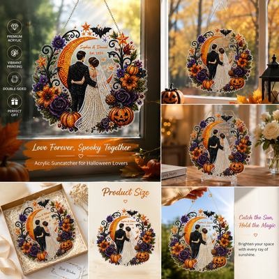 Custom Names Halloween Wedding Diamond Painting Wreath Ornament Personalized Couple Est Date Pumpkin Bat Fall Floral Rhinestone Wall Hanging Decor Gift For Newlyweds