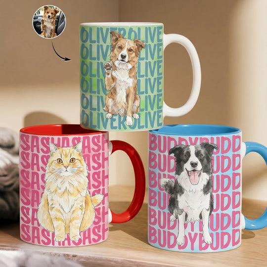 Custom Pet Portrait & Name Watercolor Style - Personalized Mug