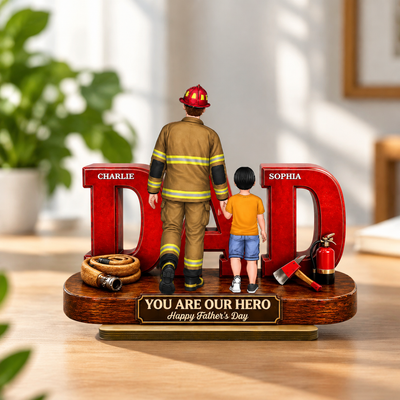 Proud American Firefighter Dad You Are Our Hero - Personalized 2-Layered Wooden Plaque - Father's Day Gift For Dad