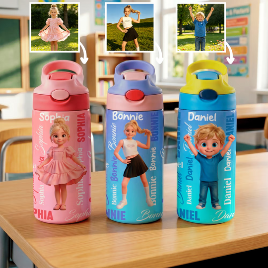 Personalized Cartoon Character BPA-Free Transparent Insulated Water Bottle with Straw Handle and Name Back to School Birthday Gift for Kids
