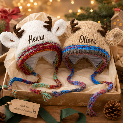 Custom Name Reindeer Knit Earflap Hat, Warm Winter Kids Beanie with Deer Antlers, Personalized Christmas Gift for Family, Boys, Girls