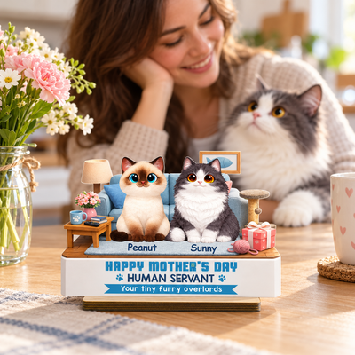 Cat Mom Cute Fluffy Cats Happy Mother's Day Human Servant - Personalized 2-Layered Wooden Plaque - Funny Mother's Day Gift For Cat Mom