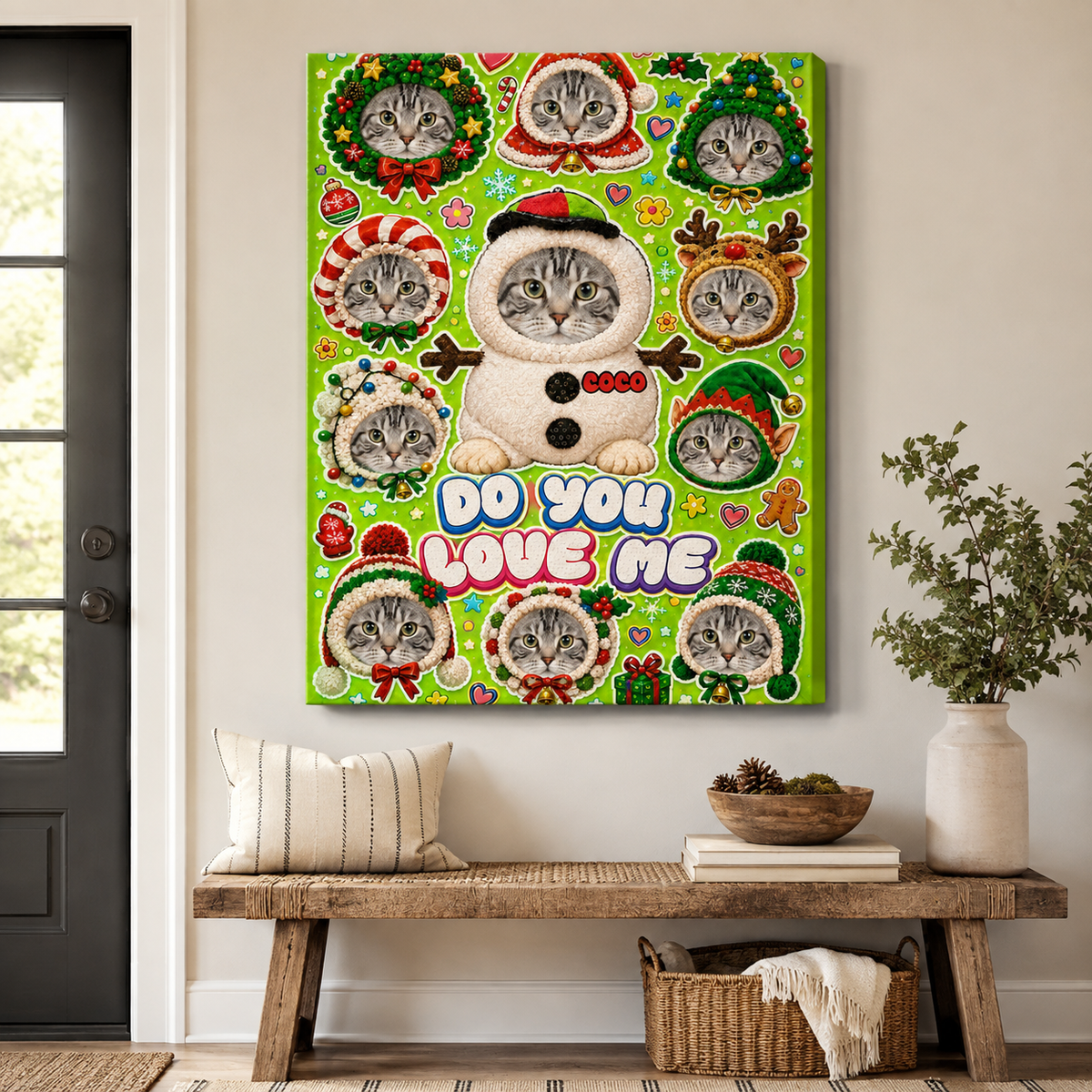 Custom Pet Photo Christmas Canvas Poster, Personalized Sticker Collage Xmas Wall Art, Holiday Decor Gift for Dog Cat Pet Owners