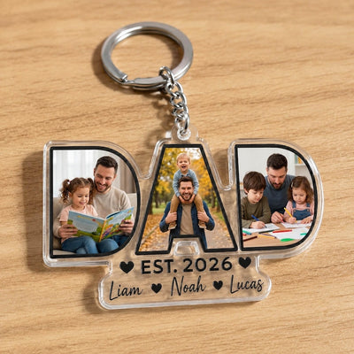 Personalized Dad Photo Acrylic Keychain, Custom DAD Shaped Photo Keychain With Kids Names, Fathers Day Gift for Dad