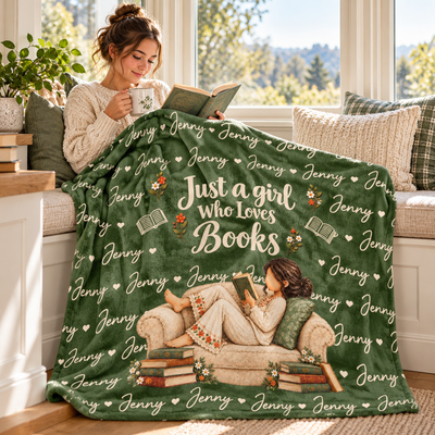 Personalized Book Lover Blanket, Custom Name Blanket for Reading Lover, Just A Woman Who Loves Books Gift for Bookworm