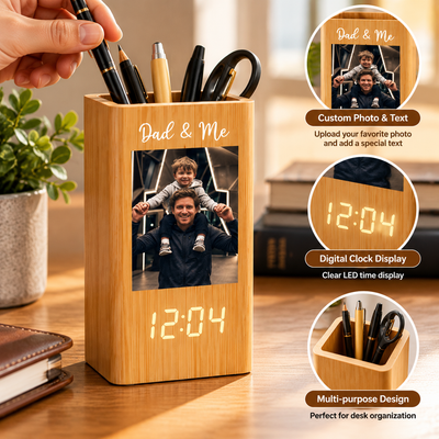 Father's Day Gifts, Dad & Me - Personalized Pen Holder With Clock