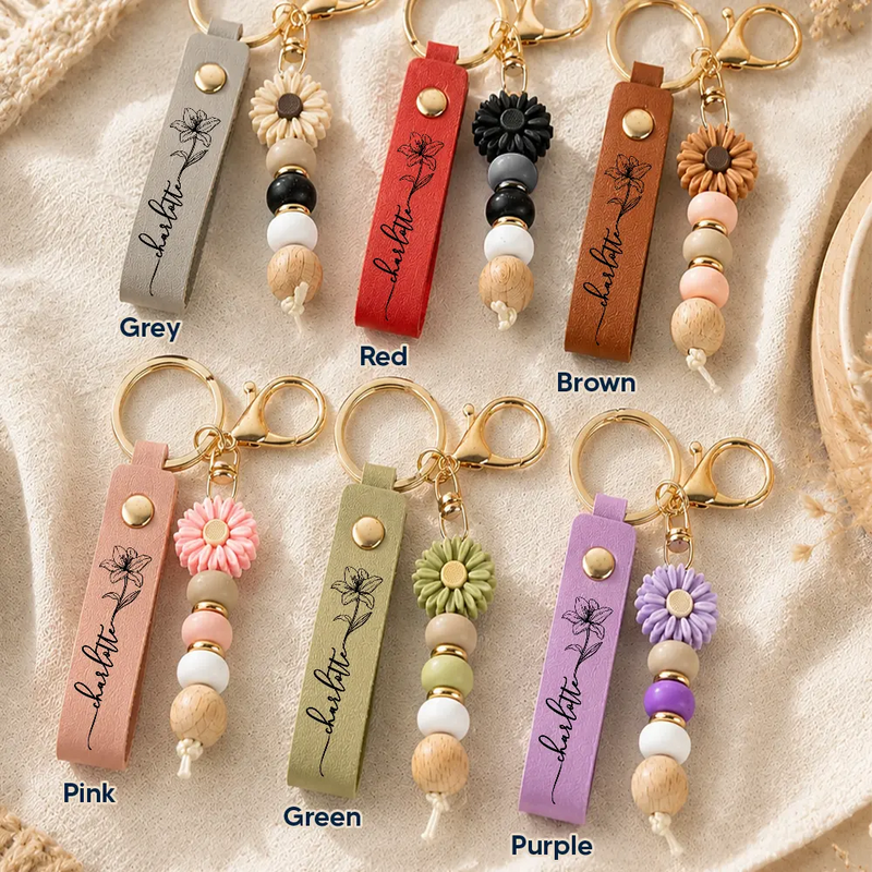 Birth Month Flowers Sketch Bloom Where You're Planted - Personalized Leather Beaded Keychain