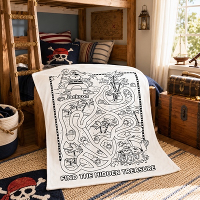 Personalized Pirate Treasure Maze Coloring Blanket | Custom Boy Name Find Hidden Treasure DIY Colorable Blanket