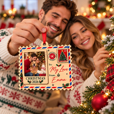 Personalized Family Photo Postcard Christmas Ornament, Custom Wooden Air Mail Keepsake, Christmas Gift for Grandma & Grandpa