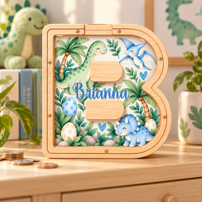 Personalized Wooden Letter Piggy Bank, Custom Name Dinosaur Money Box for Kids, Nursery Decor Birthday Gift