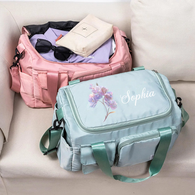 Personalized Birth Flower Name Multi-Compartment Waterproof Weekend Bag with Shoulder Strap Travel Accessories Birthday Gift for Women Girls