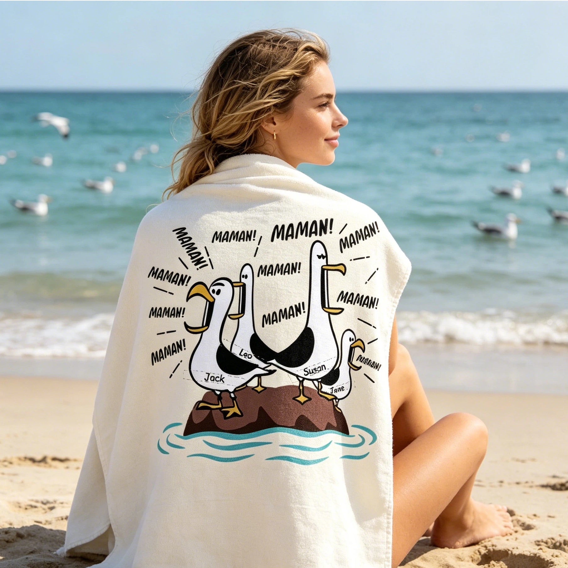 Seagull Mom Mom Mom - Personalized Beach Towel Funny Mother's Day Gift For Mom
