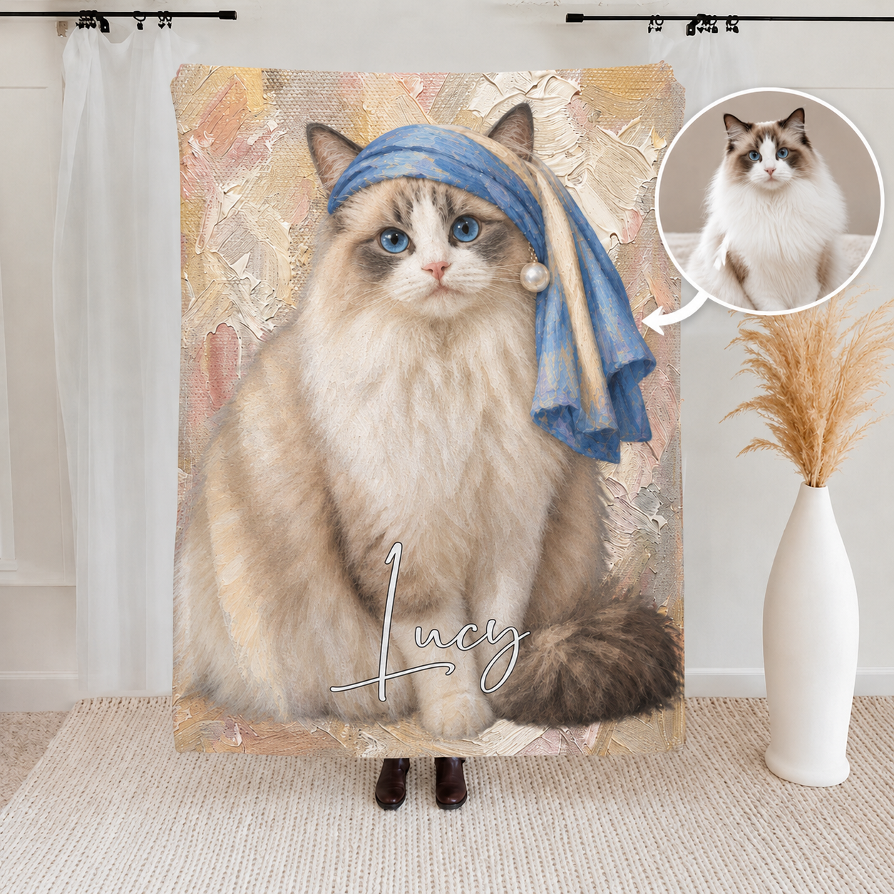 Personalized Pet Portrait Blanket – Custom Fine Art Style Dog & Cat Photo with Pearl-Inspired Detail, Holiday Gift for Pet Owners & Pet Lovers