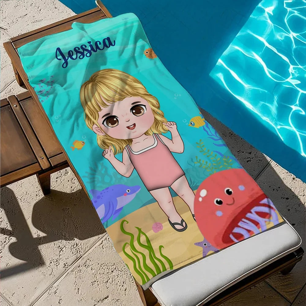 Personalized Cartoon Character Ocean Theme Quick-Dry Beach Towel with Name – Summer Vacation Birthday Gift for Boys and Girls
