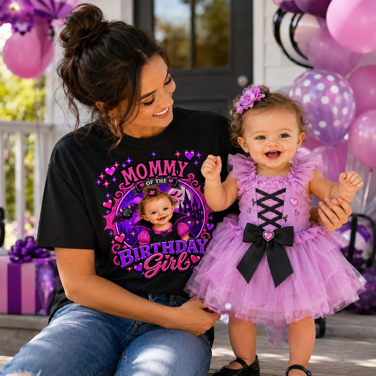Personalized Photo Gothic Bat Castle Tee, Spooky Halloween‑Theme Front Back Print Matching Family Birthday Party Shirt Gift For Girls