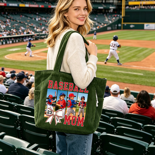 Personalized Baseball Mom 4 Photos Collage Classic Corduroy Tote Bag with Name and Title Daily Use Shopping Game Day Gift for Mom Grandma