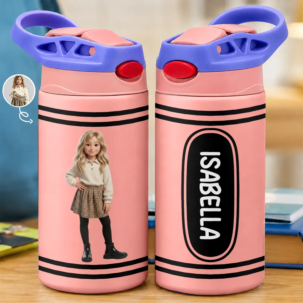 Custom Photo Cartoon Portrait Kid With Colorful Crayons - Personalized Insulated Water Bottle With Straw