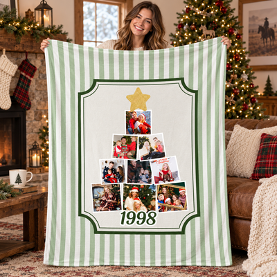 Personalized Christmas Tree Photo Collage Flannel Blanket, Custom Year Family Picture Plaid Throw Blanket, Customized Xmas Memory Keepsake Gift