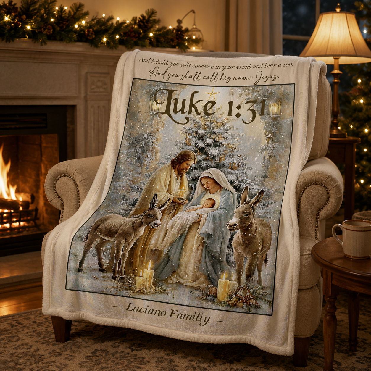 Personalized Christian Christmas Blanket, Custom Name Nativity Angel Santa Bible Verse Throw Blanket, Religious Winter Scripture Gift for Family