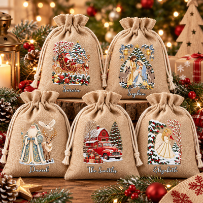 Rustic Burlap Christmas Drawstring Gift Bags, Nativity & Vintage Santa Xmas Printed Gift Sacks, Reusable Holiday Present Storage Bags Gift For Kids