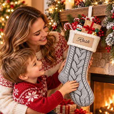Personalized Christmas Stocking – Knit Stocking with Custom Name Patch, Holiday Decor & Gift for Family
