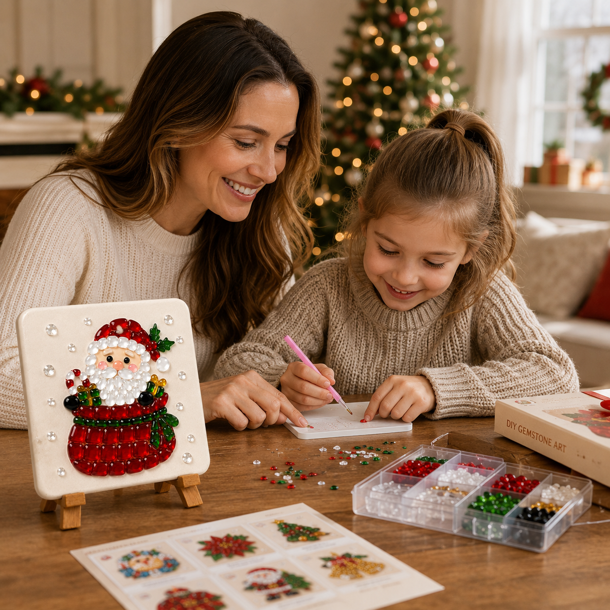 Christmas Reindeer DIY Pearl Art Kit – Holiday Craft Gift for Kids, Adults & Families with Wooden Display Stand