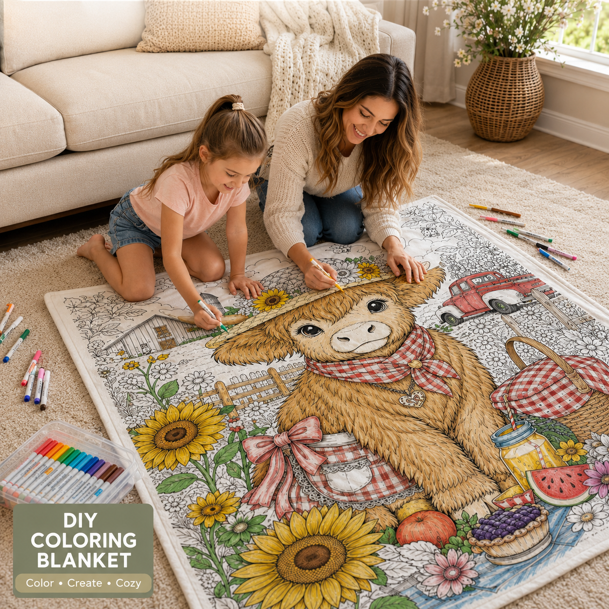 Highland Cow Coloring Blanket, DIY Doodle Fleece Throw Blanket, Custom Color Your Own Highland Cow Themed Blanket, Creative Craft Gift For Cow Lovers, Adults & Kids