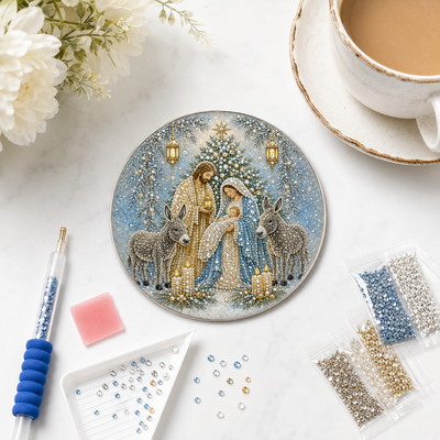 DIY Diamond Painting Coaster Kit, Round Christmas Diamond Art Kit, Nativity Scene & Santa Sleigh DIY Drill Craft, Xmas Holiday Table Decor, Christmas Gift for Adults