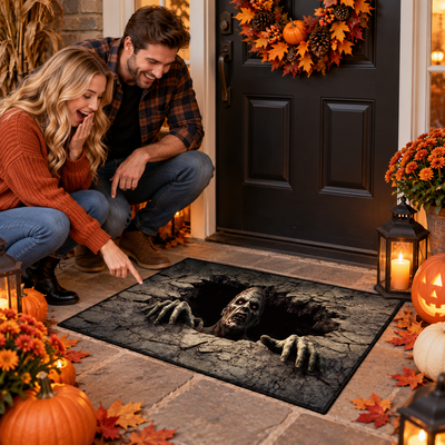 Halloween Skeleton Floor Mat – 3D Optical Illusion Trap Design, Spooky Home Decor Gift for Halloween Lovers