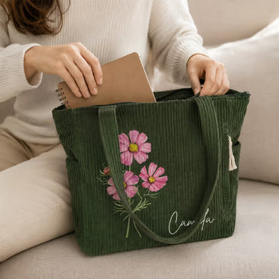 Personalized Multicolor Birth Flower Floral Large Capacity Corduroy Tote Bag with Name Daily Use Birthday Gift for Women Friends