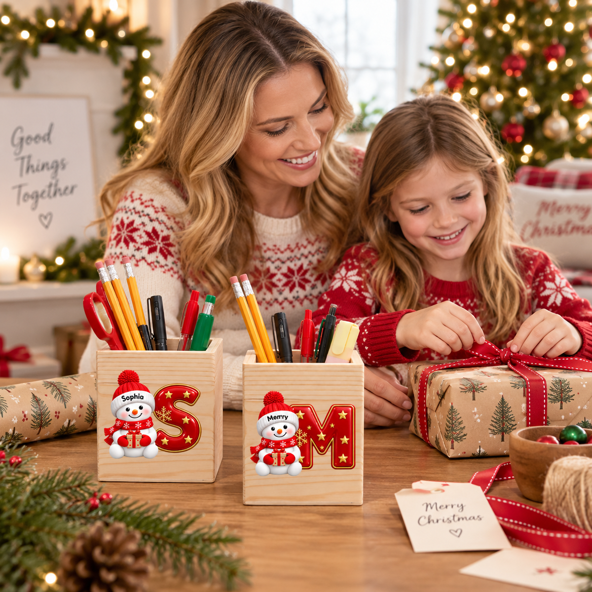 Personalized Snowman Pencil Holder – Custom Name Wooden Christmas Desk Organizer, Holiday Gift for Kids & Teachers