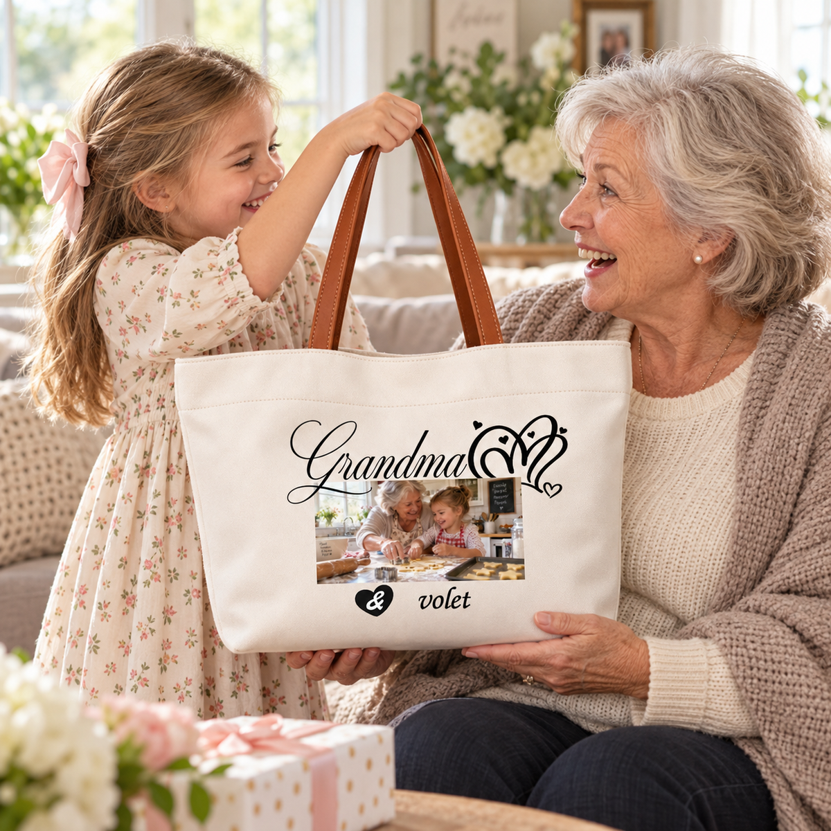 Personalized Grandma Photo Tote Bag – Custom Photo & Name Canvas Shoulder Bag, Mother's Day & Birthday Gift for Grandma