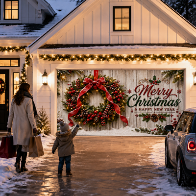 Merry Christmas Garage Door Banner, Winter Holiday Xmas Ornament Wreath Garage Door Cover, Outdoor Christmas Home Decoration Gift for Family, Neighbors & Holiday Enthusiasts
