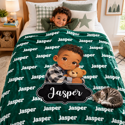 Personalized Black Boy Blanket – Selectable Cartoon Character & Custom Name, Bedroom Decor Birthday Gift for Boys
