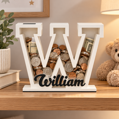 Personalized Letter Piggy Bank, Wooden & Clear Acrylic Initial Coin Bank, Custom 26 Alphabet Money Box, Easter Birthday Christmas Gift for Kids