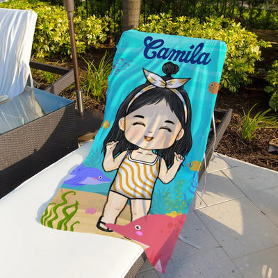 Personalized Cartoon Character Ocean Theme Quick-Dry Beach Towel with Name – Summer Vacation Birthday Gift for Boys and Girls