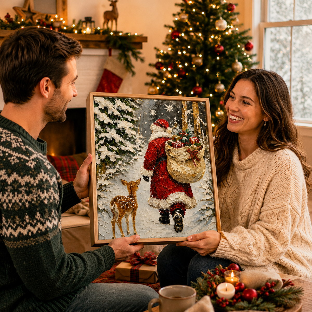 Personalized Christmas Oil Painting Canvas – Custom Name Impasto Textured Holiday Wall Decor Gift for Family & Friends