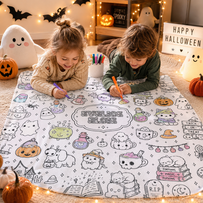 Personalized Custom Name Kids Coloring Blanket Dinosaur / Ocean Under Sea / Halloween Spooky Doodle Line Art DIY Colorable Flannel Blanket