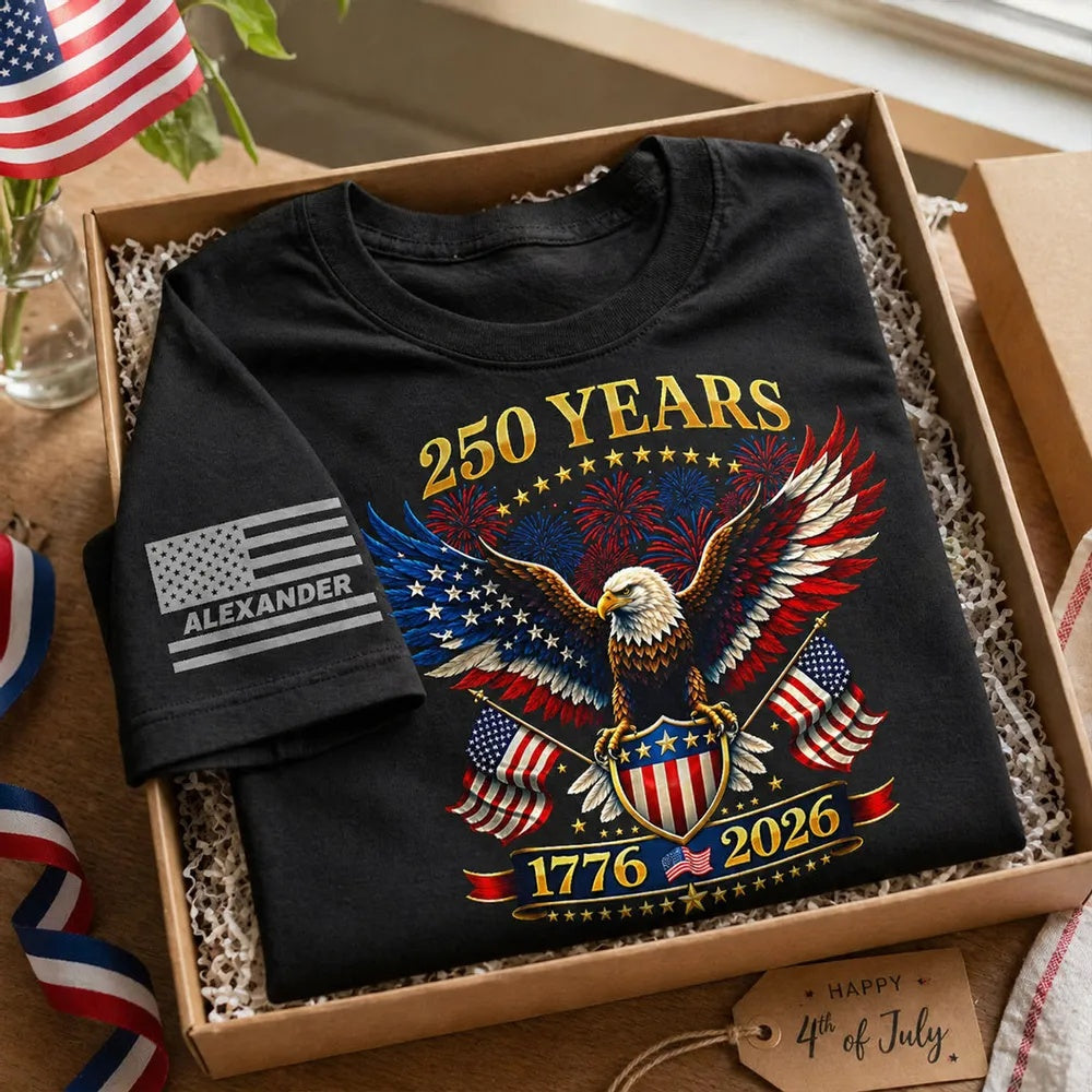 250 Years Eagle American Flag Fireworks Custom Name - Personalized Sleeve Printed Shirt - United States 250th Anniversary USA Patriotic