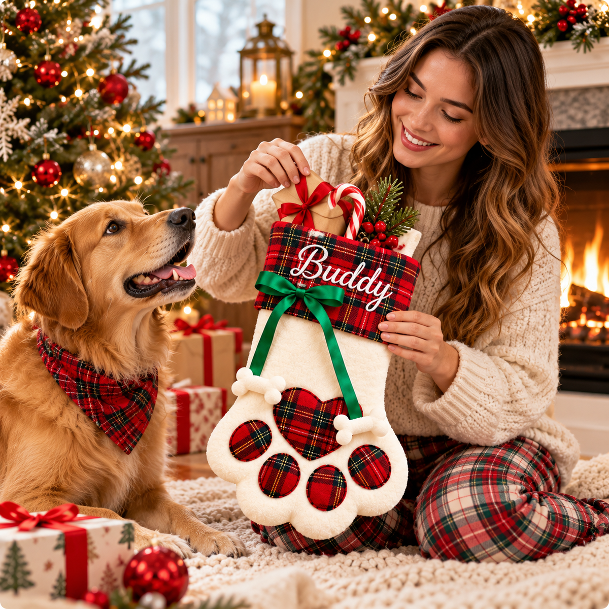 Personalized Paw Christmas Stocking, Custom Embroidered Name Stocking, Pet Lover Christmas Decor