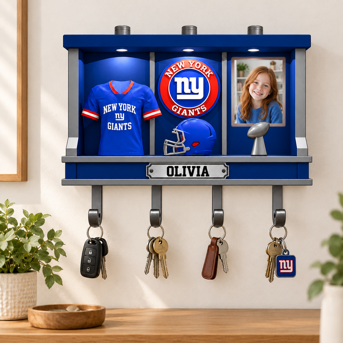 Personalized Football Key Holder, Custom Name 3D Printed Wall Decor with LED Light, Unique Christmas Gift for Football Fans