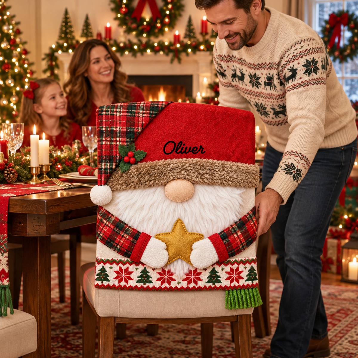 Personalized Christmas Chair Back Cover, Custom Name Santa Hat Slipcover, Gingerbread Gnome Chair Decor, Holiday Gift for Family