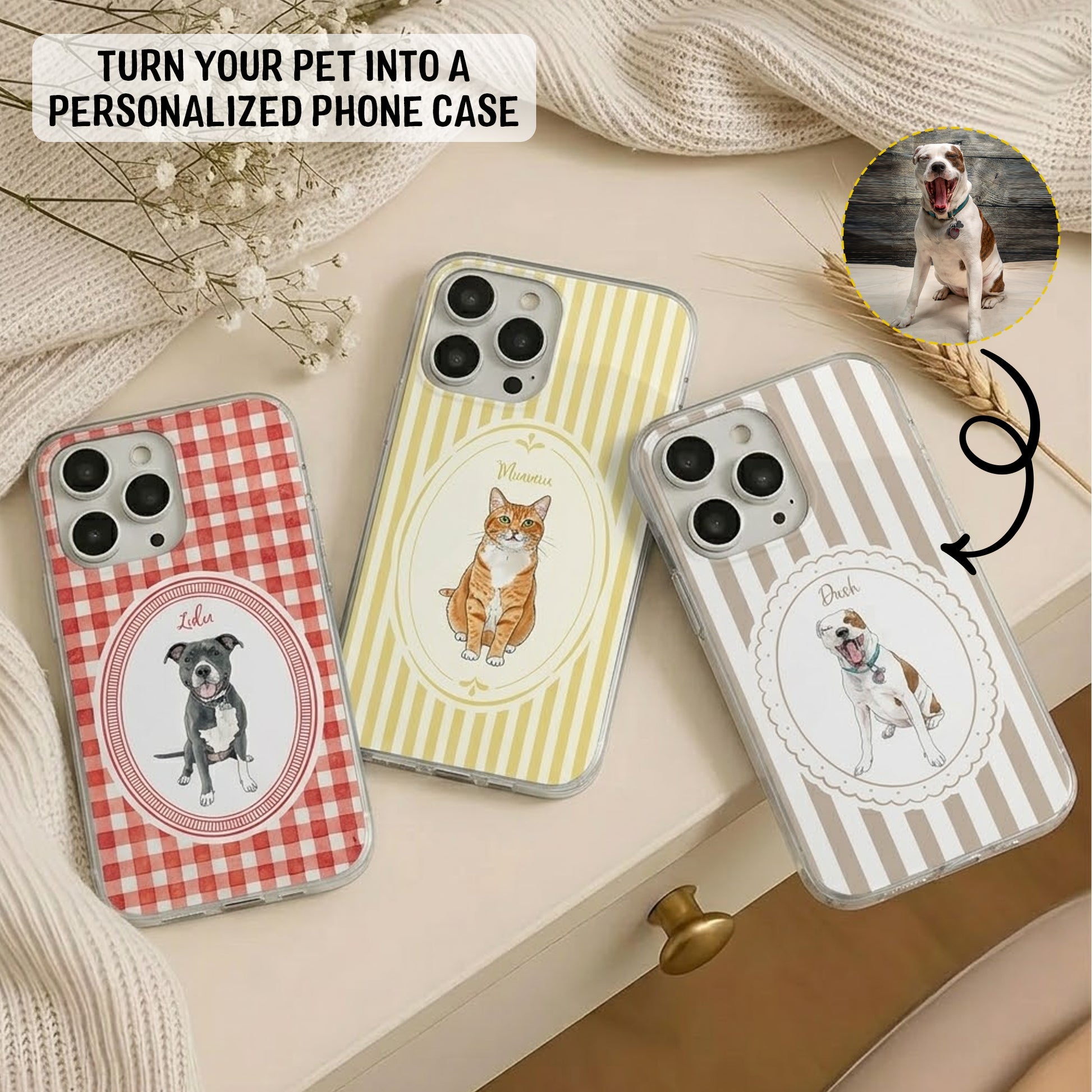 Personalized Pet Portrait Phone Case – Custom Watercolor Striped Pattern Design
